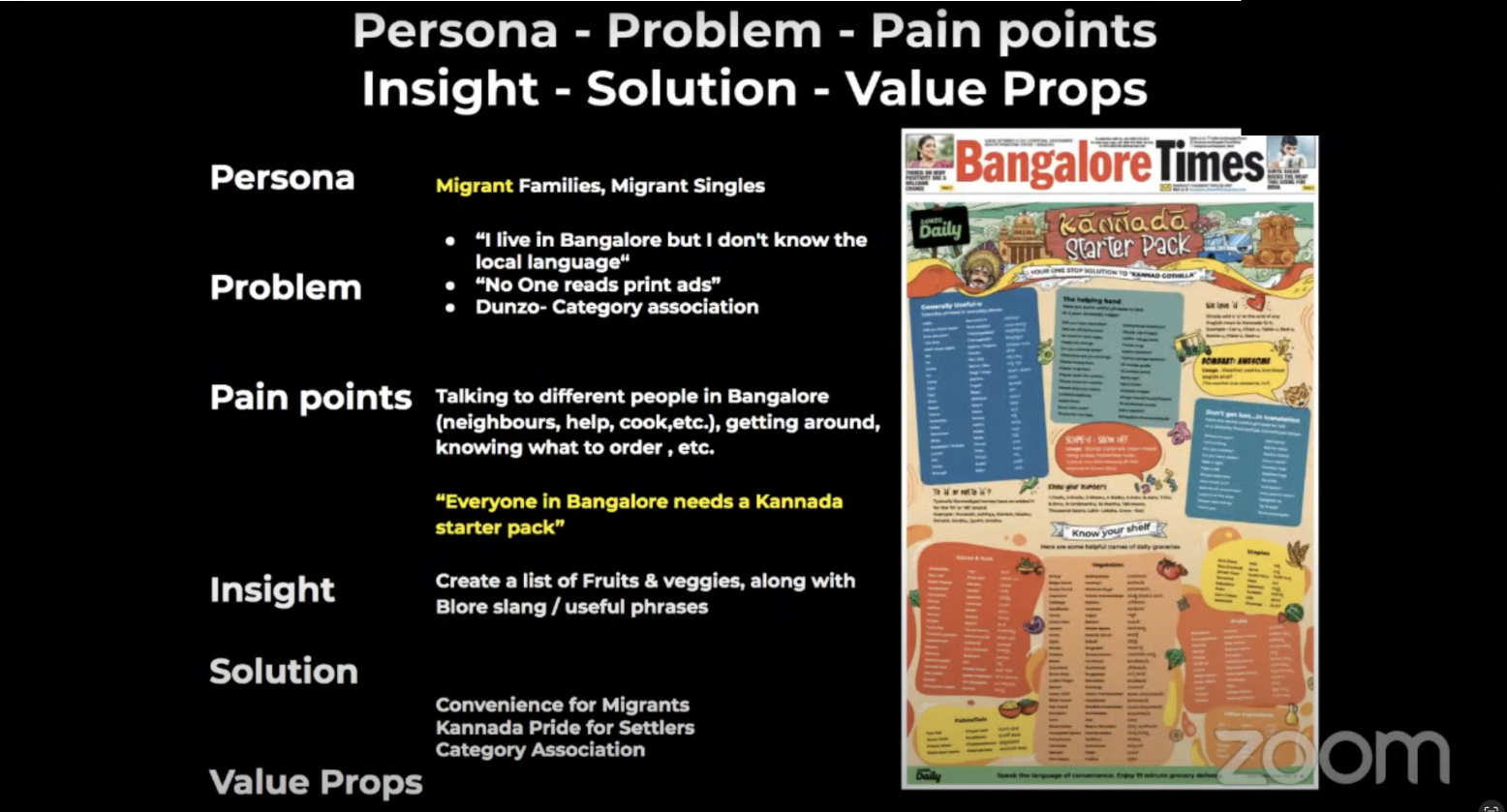 Slide titled ‘Persona – Problem – Pain points – Insight – Solution – Value Props,’ describing a campaign strategy for migrant users in Bangalore, including challenges with language barriers and local navigation, highlighting the idea of a Kannada starter pack as a culturally relevant solution