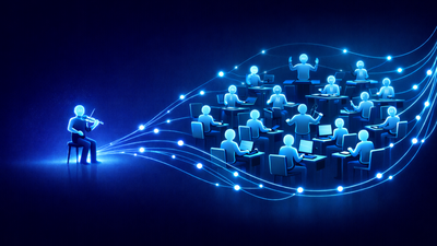 A dark blue visual illustration shows a central figure playing a violin, with glowing lines extending outward to a network of seated individuals connected by nodes. The network forms a web-like structure, symbolizing influence, communication, or distribution spreading from one source to many participants