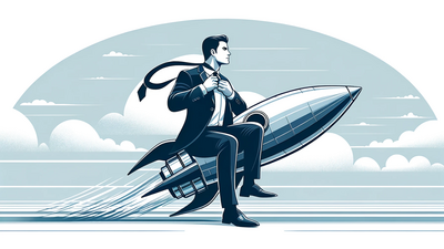 An illustration of a professional in a suit riding a rocket, angled upward, symbolizing rapid growth, ambition, and acceleration. The background includes clouds and a stylized sky, reinforcing the idea of upward movement and success