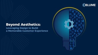 Slide titled “Beyond Aesthetics: Leveraging Design to Build a Memorable Customer Experience” with Blume branding and a lightbulb graphic filled with icons