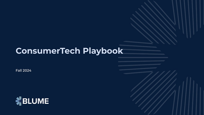 Slide titled ‘ConsumerTech Playbook,’ describing a presentation cover slide, including “Fall 2024” and Blume branding, highlighting a structured report or playbook introduction