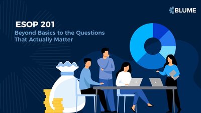 Slide titled ‘ESOP 201,’ describing an introductory visual on employee stock options, including the subtitle “Beyond Basics to the Questions That Actually Matter,” team illustration, and financial icons, highlighting ESOP education