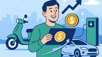 Image showing an illustration of a person holding a tablet with currency symbols alongside an electric scooter, car, and charging station, highlighting EV adoption and financial growth context