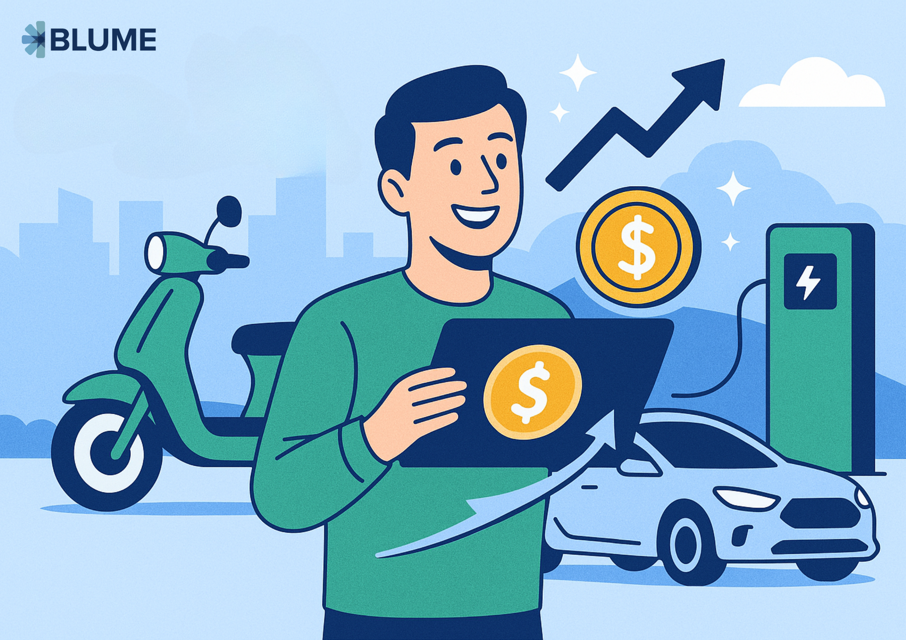 Image showing an illustration of a person holding a tablet with currency symbols alongside an electric scooter, car, and charging station, highlighting EV adoption and financial growth context
