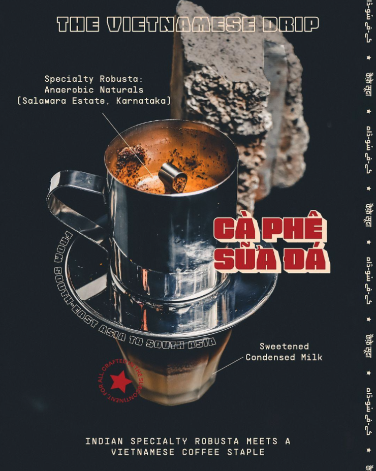 Image showing a beverage titled “The Vietnamese Drip” with labeled elements such as condensed milk and coffee filter setup, highlighting a product breakdown of a drink.