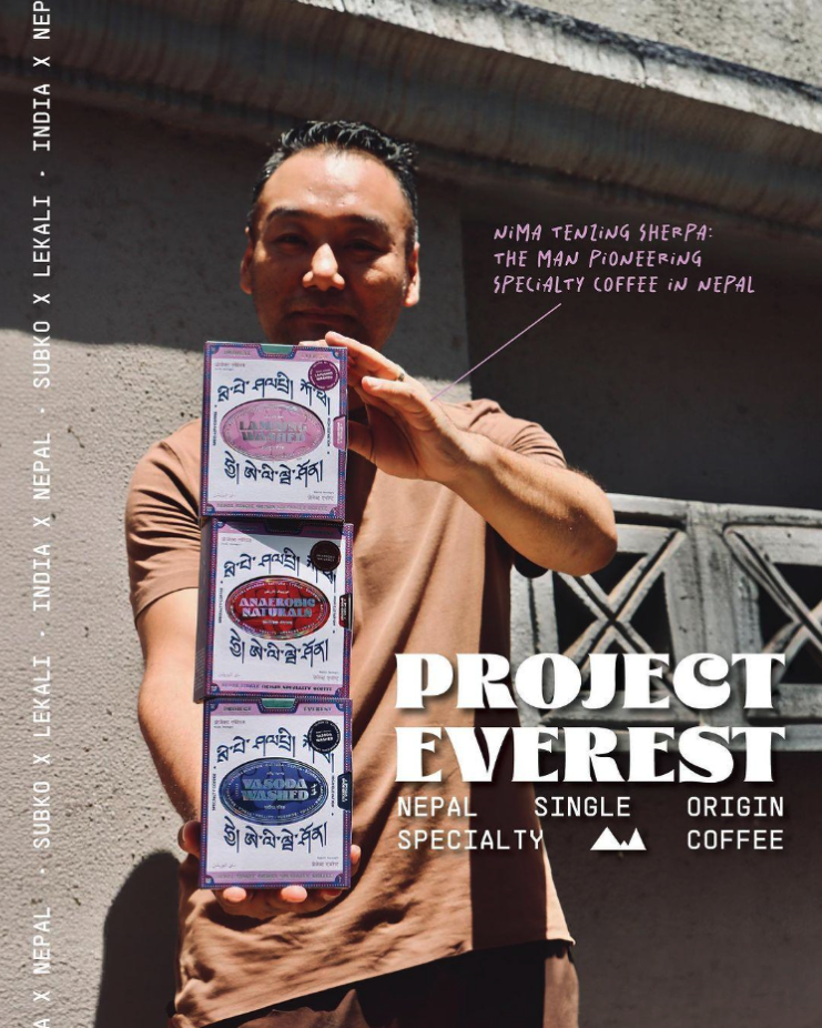 Image showing a person holding stacked coffee product boxes with the title “Project Everest,” highlighting a product promotion visual.