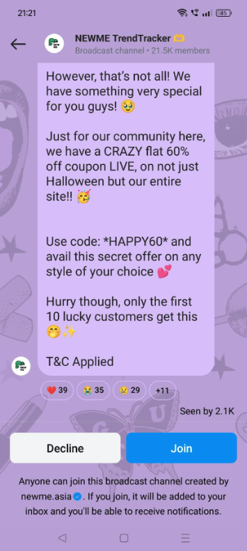Image showing a smartphone screen displaying a promotional message with discount code, offer details, call-to-action buttons, and mention of NEWME TrendTracker, highlighting direct marketing communication.