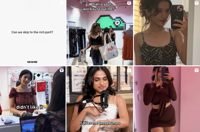 Image showing a grid of short video content featuring individuals in fashion and lifestyle contexts, including captions and reactions, highlighting social media engagement content.