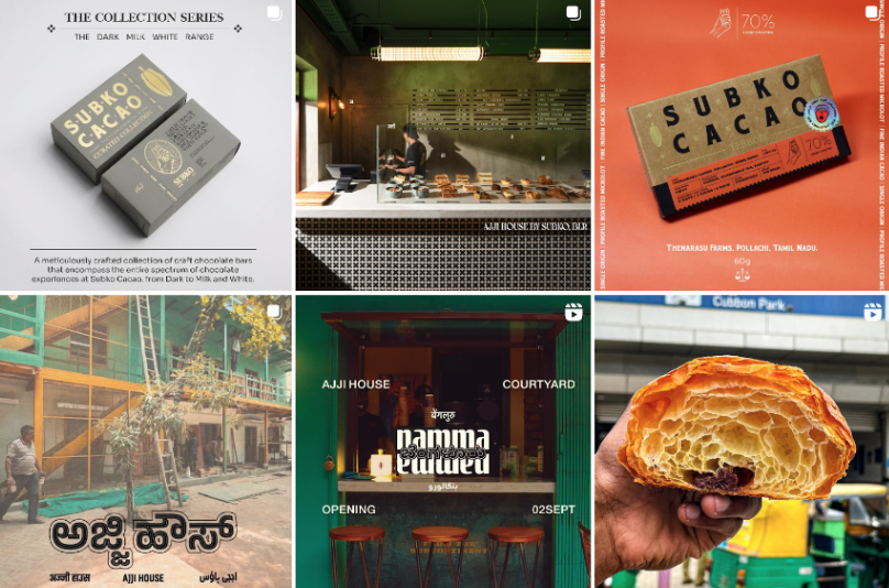 Image showing a grid of brand and product visuals including Subko chocolate packaging, café interiors, and food items, highlighting curated Instagram content.