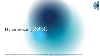 Slide titled ‘Hypothesizing 2050,’ describing a conceptual cover with gradient visuals and note indicating Blume Deeptech team and fictional forward-looking scenarios, highlighting future technology exploration.