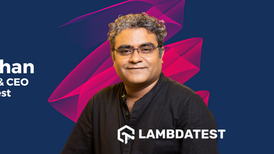 Slide titled ‘PMF Convo with Sajith Pai,’ describing Asad Khan identified as Co-Founder and CEO of LambdaTest with Blume branding, highlighting a featured speaker.