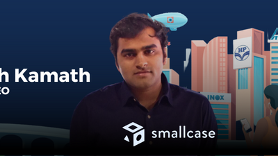 Slide titled ‘PMF Convo with Sajith Pai,’ describing Vasanth Kamath identified as Founder and CEO of smallcase with Blume branding, highlighting a featured speaker.