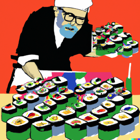 A&#x20;sushi&#x20;chef&#x20;making&#x20;hundreds&#x20;of&#x20;sushi&#x20;rolls,&#x20;depicted&#x20;by&#x20;andy&#x20;warhol.