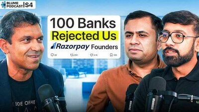 Image showing Blume Podcast S4 with Karthik Reddy and Razorpay founders Harshil Mathur CEO and Shashank Kumar MD with text 100 Banks Rejected Us