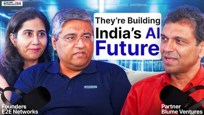Image showing Blume Podcast S4 with Karthik Reddy and E2E Networks founders Tarun Dua and Srishti Baweja with text They are Building India’s AI Future