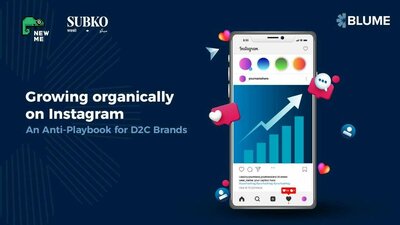 Slide titled Growing organically on Instagram showing Subko, NewMe, and Blume branding with text An Anti Playbook for D2C Brands and a mobile screen with Instagram interface and upward growth graph