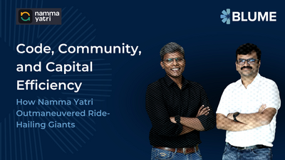 Slide titled Code, Community, and Capital Efficiency showing Namma Yatri, and Blume branding with text How Namma Yatri Outmaneuvered Ride Hailing Giants and two individuals standing with arms crossed