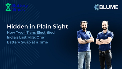 Slide titled Hidden in Plain Sight showing Battery Smart, and Blume branding with text How Two IITians Electrified India’s Last Mile One Battery Swap at a Time and two founders Pulkit Khurana and Siddharth Sikka standing with arms crossed