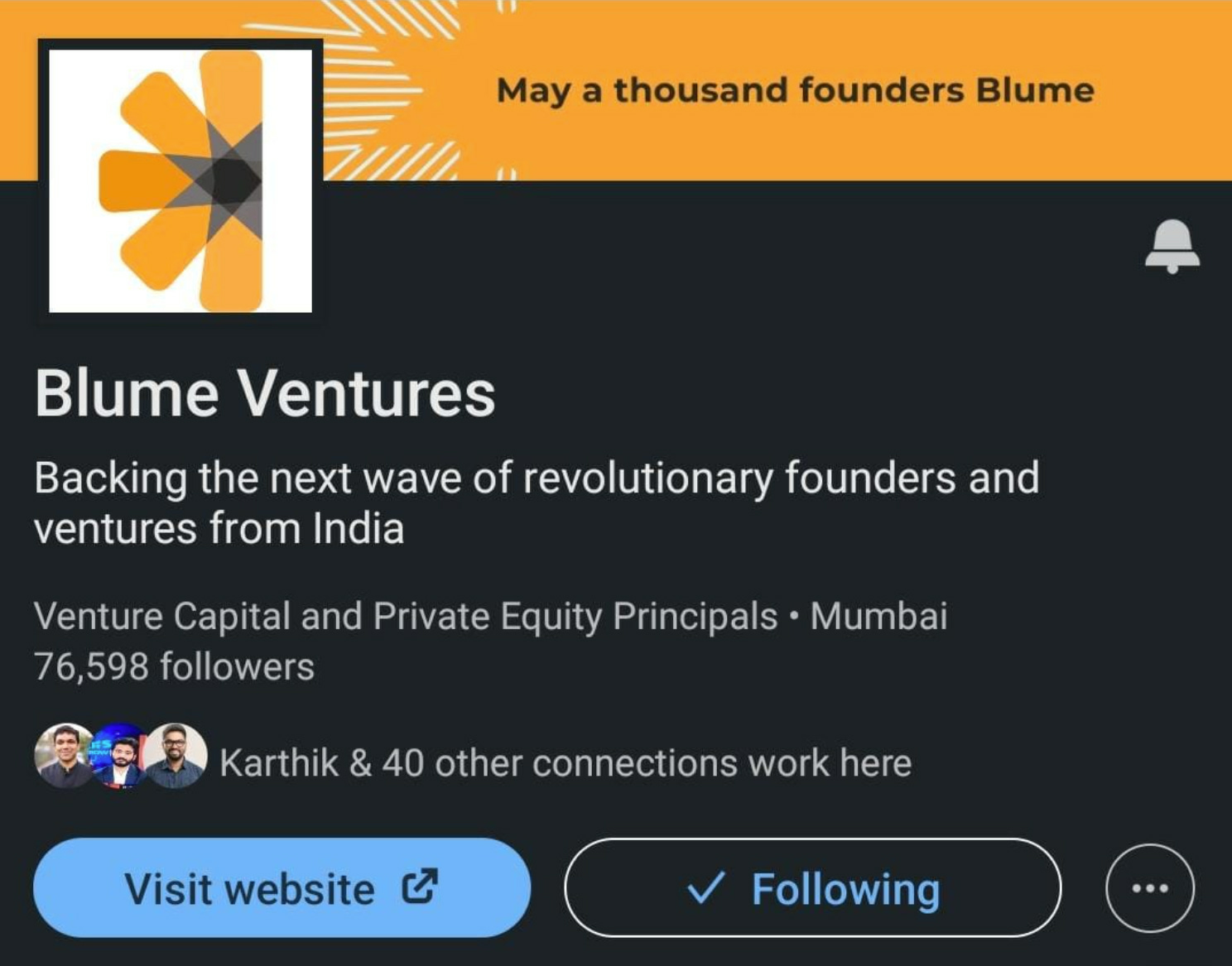 Image showing Blume Ventures profile with text Backing the next wave of revolutionary founders and ventures from India, Venture Capital and Private Equity Principals Mumbai, 76598 followers, and buttons Visit website and Following