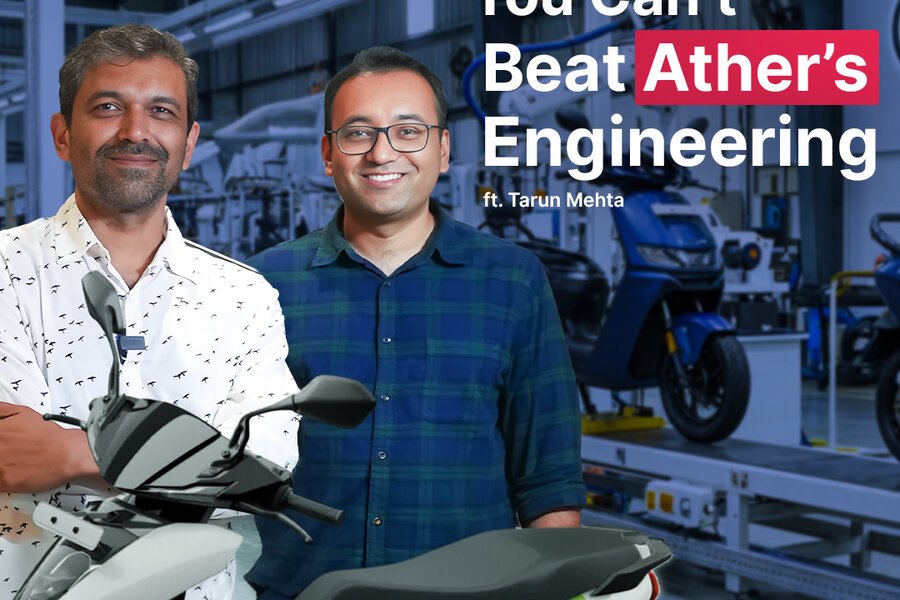 Slide showing Blume Podcast with text You Can't Beat Ather's Engineering ft Tarun Mehta with Karthik Reddy standing near a scooter in a factory setting