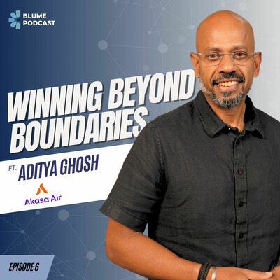 Slide showing Blume Podcast, text Winning Beyond Boundaries, ft Aditya Ghosh, Akasa Air, episode 6