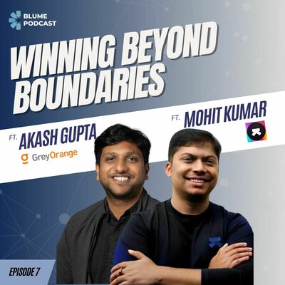 Slide showing Blume Podcast, text Winning Beyond Boundaries, ft Akash Gupta of GreyOrange, ft Mohit Kumar of Ultrahuman