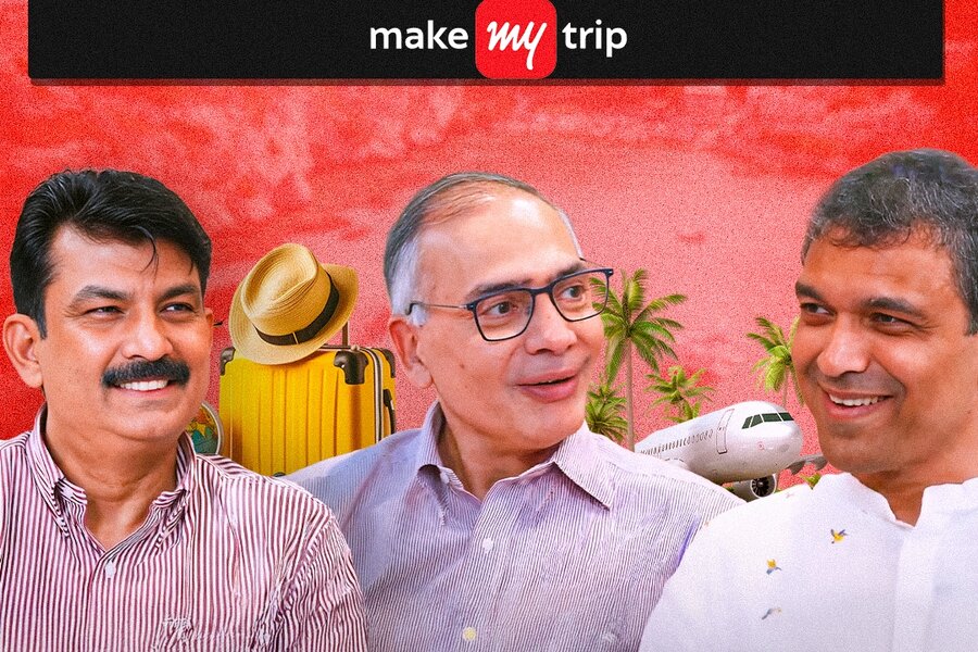 Slide showing Blume Podcast S4, text India’s OG Internet Startup, make my trip, featuring Deep Kalra and Rajesh Magow, co-founders MakeMyTrip, with Karthik Reddy