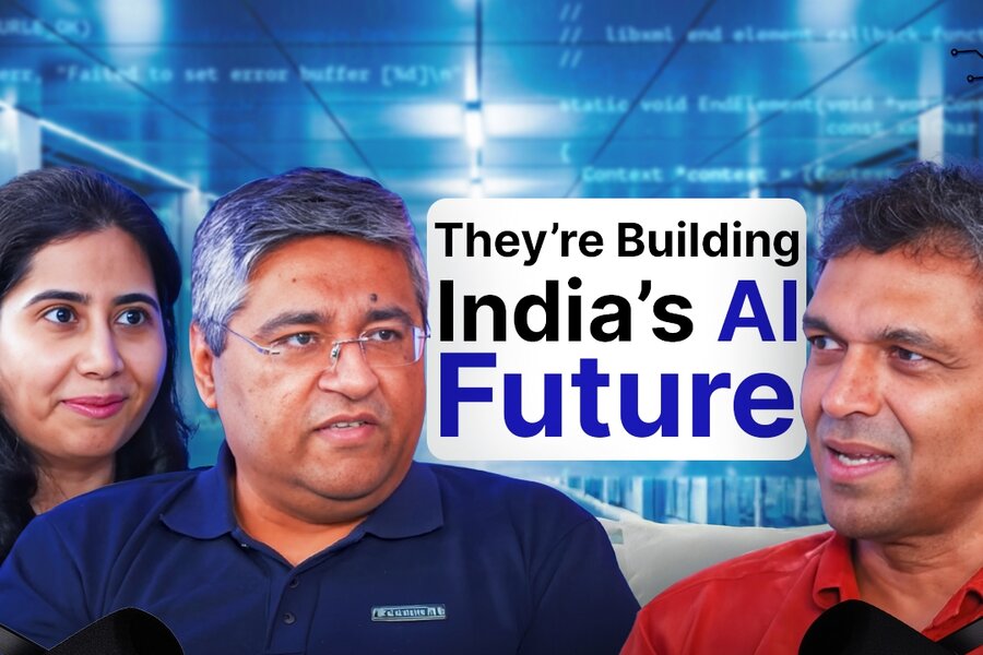 Slide showing Blume Podcast S4, text They’re Building India’s AI Future, featuring Tarun Dua and Srishti Baweja, founders E2E Networks, with Karthik Reddy