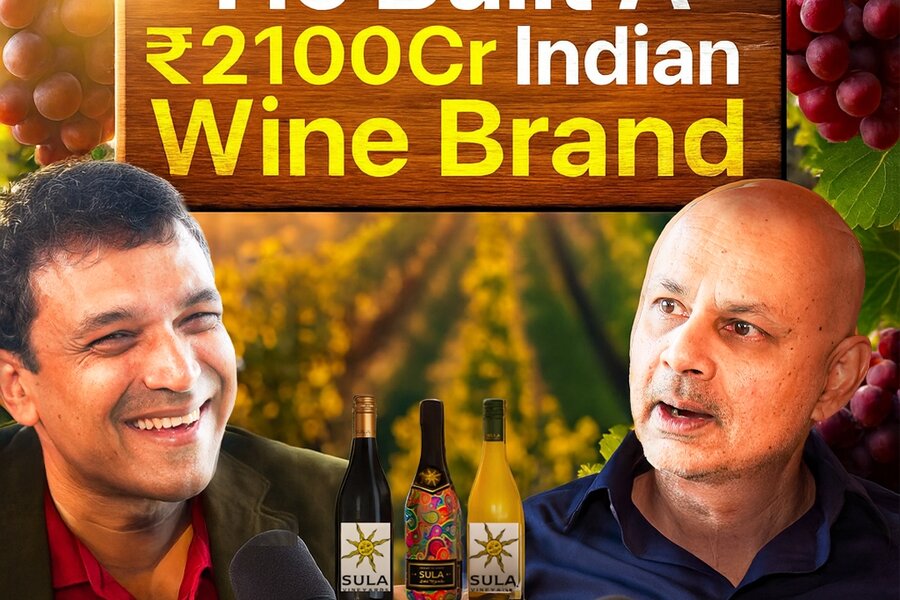 Slide showing Blume Podcast S4, text He Built A ₹2100cr Indian Wine Brand, featuring Rajeev Samant, founder Sula Vineyards, with Karthik Reddy