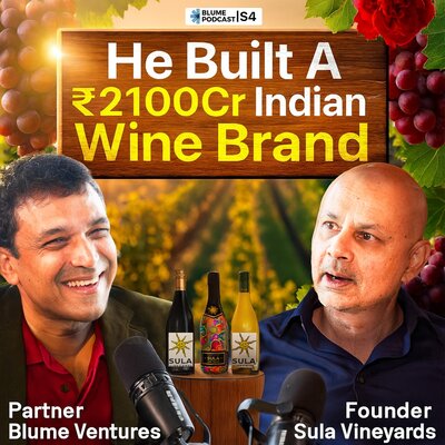 Slide showing Blume Podcast S4, text He Built A ₹2100cr Indian Wine Brand, featuring Rajeev Samant, founder Sula Vineyards, with Karthik Reddy