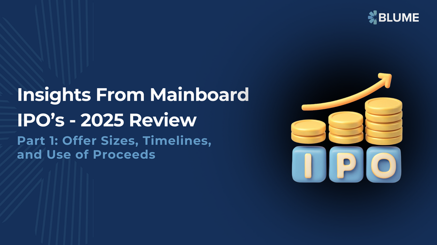 Slide titled Insights From MainBoard IPO’s 2025 Review, Part 1 Offer Sizes, Timelines and Use of Proceeds, with IPO illustration and BLUME branding