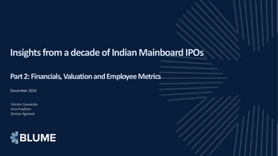 Slide titled Insights from a decade of Indian Mainboard IPOs, Part 2 Financials, Valuation and Employee Metrics, December 2024, authors including Vikas Gawande, Aria Pradhan, Sonya Agarwal, BLUME branding