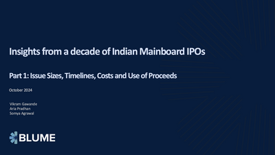 Slide titled Insights from a decade of Indian Mainboard IPOs, Part 1 Issue Sizes, Timelines, Costs and Use of Proceeds, October 2024, with authors and BLUME branding