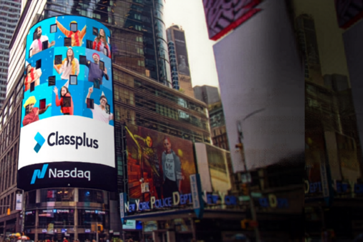 Slide showing a large digital billboard in Times Square displaying a company advertisement with multiple people images and branding, highlighting a hiring announcement and company presence on a prominent public display